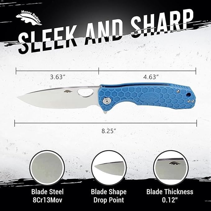 Honey Badger Large Pocket Knife EDC Drop Point Folding Utility Knife 3.6 Steel Blade Reversible Pocket Clip - (3.8oz) Drop Point Large Blue D2 HB1020