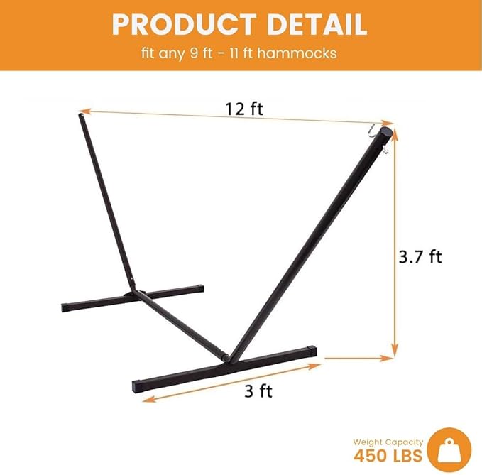 Lazy Daze Hammocks Portable 2 Person Heavy Duty Steel 12 FT Hammock Stand with Hooks and Chains for Outside Patio Backyard 450 Pounds Capacity Coffee Frosted
