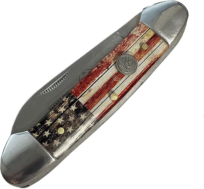 WHISKEY BENT HAT CO. Traditional Canoe Folding Camping Knife 3.63 Closed Length 440C Stainless Steel Blades (Patriot)