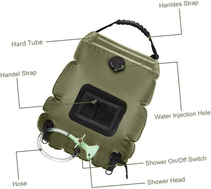Solar Shower Bag for Camping Hiking Outdoor Activities Portable Water Storage with Shower Nozzle Easy to Use Displays Water Temperature Olive Green