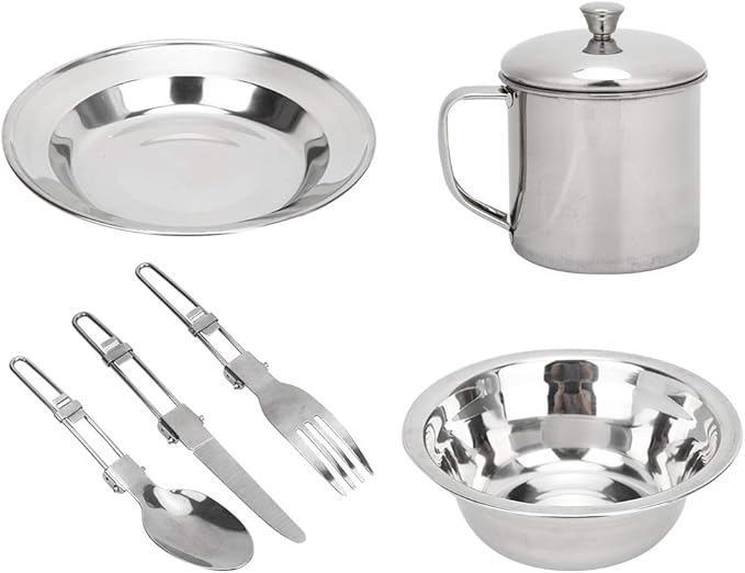 Stainless Steel Camping Dinnerware SetInclude Plate Bowl Cup Fork Spoon KnifePortable Single Person Cookware for Camping Picnic Hiking
