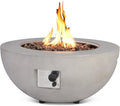 31.5 Inch Round Propane Fire Pit Table - Concrete Round Fire Bowl 50000 BTU Natural Gas Firepit Burner with Steel Lid Lava Rocks Waterproof Cover for Outside Patio Backyard Party