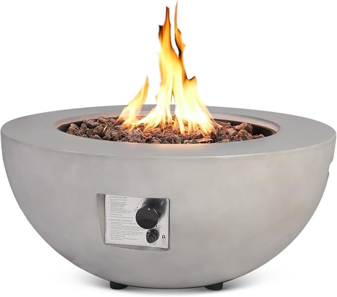 31.5 Inch Round Propane Fire Pit Table - Concrete Round Fire Bowl 50000 BTU Natural Gas Firepit Burner with Steel Lid Lava Rocks Waterproof Cover for Outside Patio Backyard Party