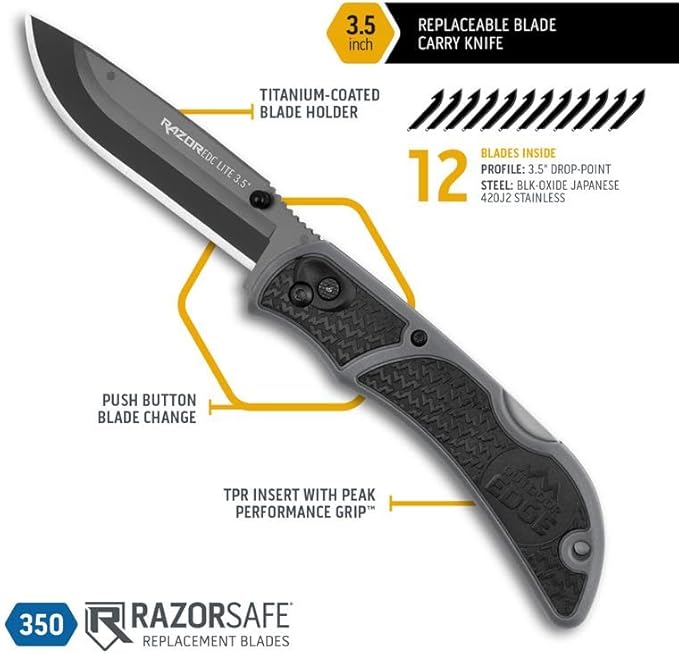 OUTDOOR EDGE 3.5 RazorLite EDC Pocket Knife (Obsidian Black) with Replaceable Blades and Clip Perfect Carry Knive for Camping Hunting and Survival Includes 12 Black Steel Drop Point Blades