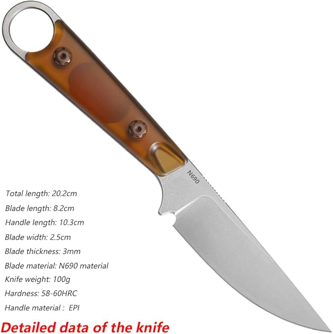 Fixed Blade Knife with Sheath3.22inch N690 Steel Blade KnivesEDC Knife Ergonomic PEI Handle with Full Tang Design Knives for OutdoorGift for Men&ampWomen(Yellowish-brown)