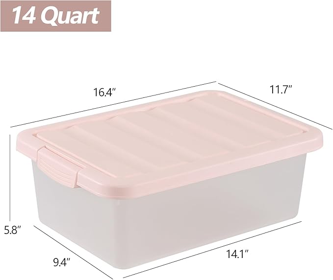 Wekioger Set of 2 Versatile Organizer Bins with Pink Lids 14 Quart Plastic Latching Storage Box