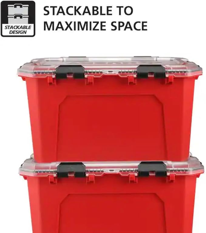 Professional Heavy Duty Waterproof Stackable Plastic Storage Container with Hinged Lid Red Rectangular (20 Gal)