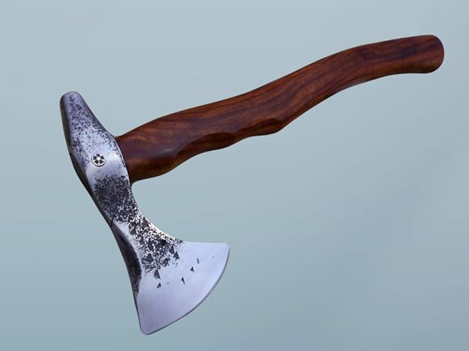 Damascus Depot Camper Axe 14 Inches Long Hand Forged Carbon Steel with Rose Wood Round Handle Bearded Hiking Battle Axe Thick Cow Hide Leather Sheath