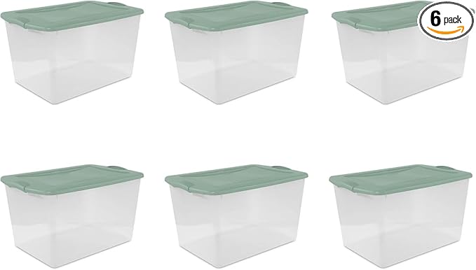 Storage Bin 66 Qt ClearView Latch Storage Box Plastic Stackable Bin with Latching Lid Plastic Container to Organize Clothes in Closet Clear BaseGreen Sage Lid 6-Pack