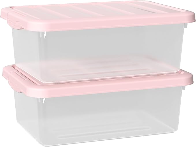 Set of 2 Clear Plastic Storage Organizer Bins with Pink Lids 14 Quart Versatile Organizer Container Boxes for Home Office and Garage