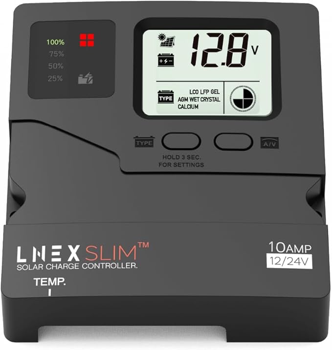 LNEX Solar Charge Controller 5 Stage Intelligent Battery Regulator with LCD Display 12V/24V PWM Solar Controller for LiFePO4 AGM Gel Flooded and Lithium Battery (10A)