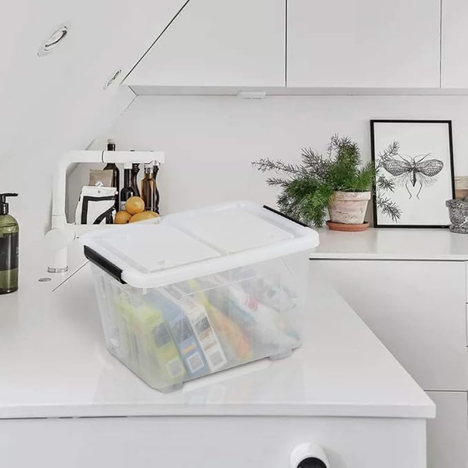 30 L Clear Plastic Storage Box with Wheels 4-Pack Clear Plastic Storage Latch Bin