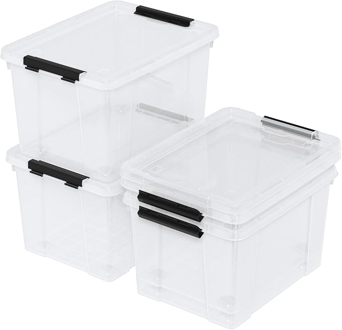 22 Qt Latching Storage Box Stackable Bin with Latch Lid Plastic Storage Container Tote Clear 4-Pack