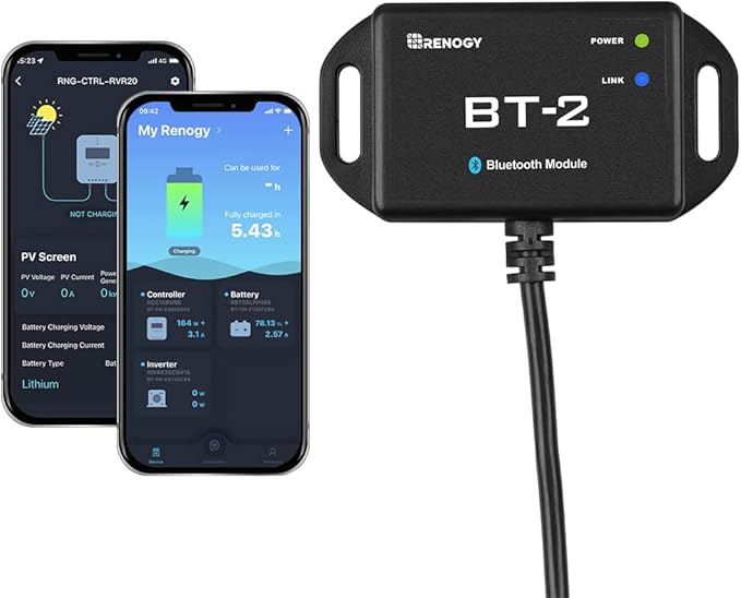 Renogy BT-2 Bluetooth Module for Solar Systems - Wireless Monitor &amp Control via DC Home App RS485/RJ45 Port 82ft RangeIP54 WaterproofCompatible with MPPT ControllersLithium BatteriesInverter