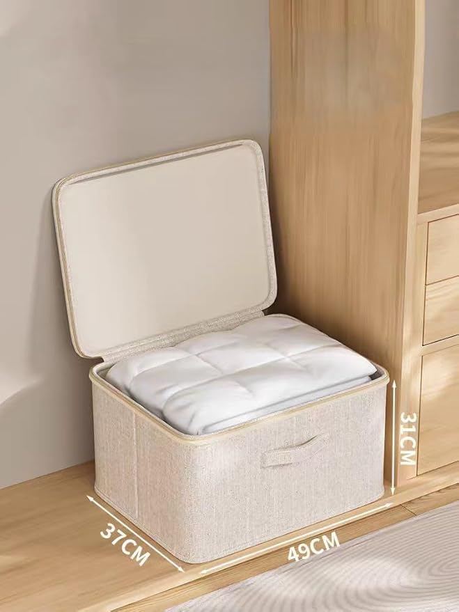 [3 Pack] Beige Cotton Linen Collapsible Storage Bins for Home Organization Waterproof Fabric Foldable Organizer Boxes 19.29 x 14.57 x 12.2 Inches Zippered Flap &amp Handle (Extra Large)