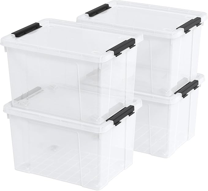 Morcte 23 L Plastic Clear Storage Bin with Lids and Latching Buckles 4-Pack Stackable Clear Storage Box with Wheels