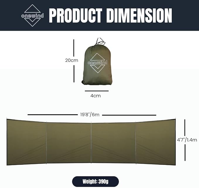 Onewind Camping Windbreak Versatile Wind Blocker Light Water Proof Silnylon Camping Windscreen Outdoor Windshield for Winter Hiking Beach Backpacking and Picnic 19.7*55 No Poles Included