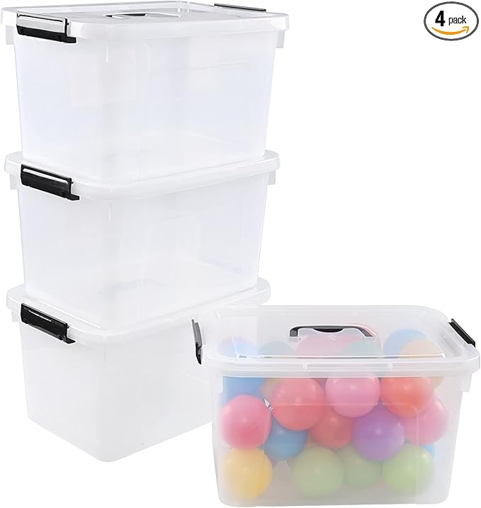 Zopnny 4-Pack Clear Storage Latch Box/Bins Plastic Stackable Latching Box with Brown Handle and Lid Multi-Purpose 10 Litre