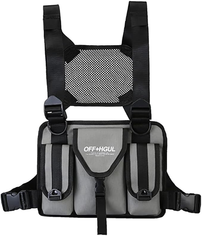 Waterproof Oxford Cloth Chest Pack Training Tactical Backpack Running Chest Pack Lightweight Reflective Vest Bag Unisex (Light grey)