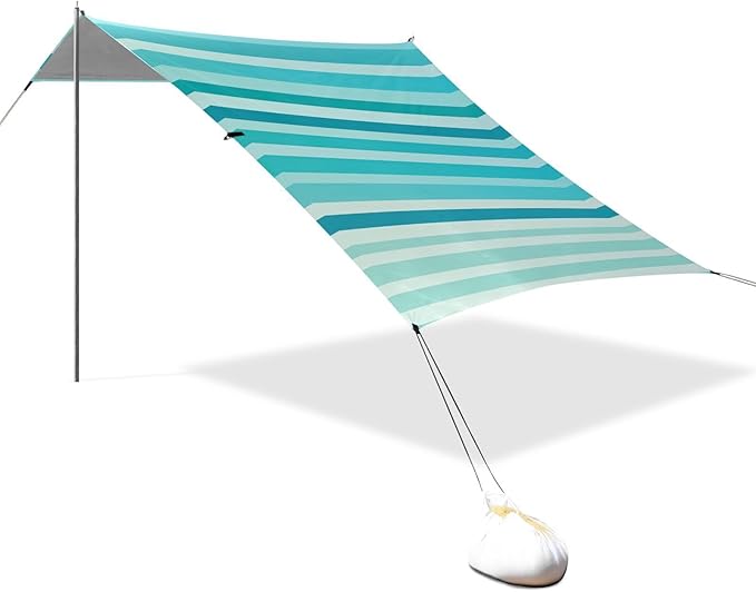ALAZA Teal Blue Stripes Beach Tent Sun Shelter Portable Canopy Sunshade for Outdoor Camping Picnics Backyard Fun 10x9 ft