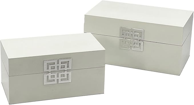 Galt International Storage Box Set Decorative Storage Box w/Hinged Lid Classic Design Wood Decor Boxes with Geometric Clasp Storage for Bedroom &amp Home - Set of 2 (White &amp Silver)