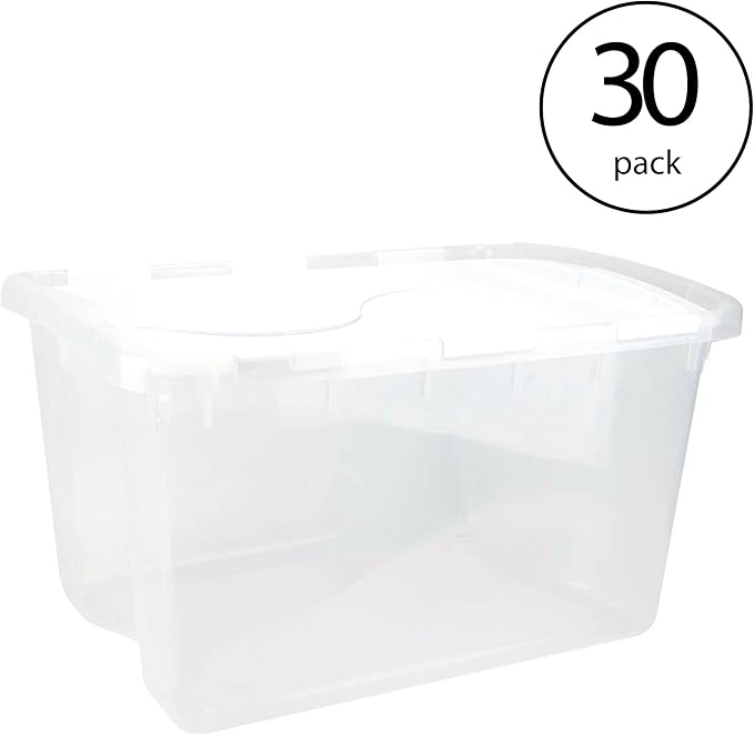 Sterilite 48 Quart Multipurpose Clear Base Storage Box Tote Container with Secure Hinged Lid for Home or Office Organization (30 Pack)