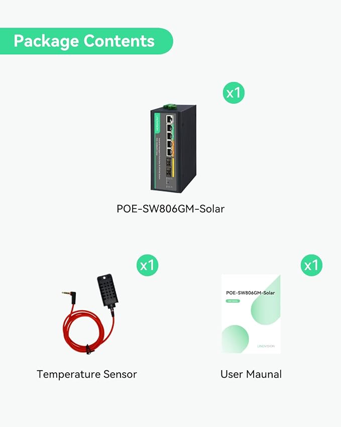 LINOVISION Solar Managed PoE Switch with Built-in MPPT Solar Charge Controller L2 Management Remote Battery Monitoring Non-Stop UPS Power for Up to 4 PoE Camera and 24V Bridge