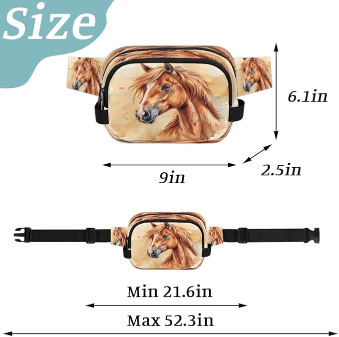 Watercolour Horse Waterproof Fanny Pack for Women Men Adjustable Waist Bag with Double Zipper Pockets Lightweight Square Hip Pack for Running Travel Hiking Workout Cycling