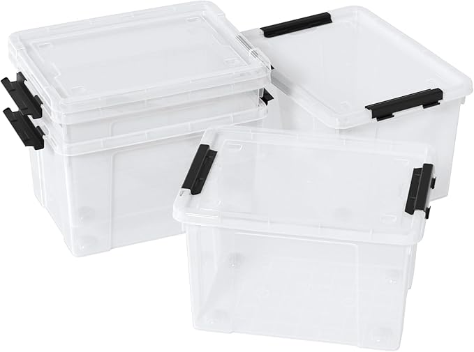 35 Quart Latching Storage Box with Wheels See-Through Base Plastic Container Bins with Secure Latching Lid Black Latch (4-Pack)