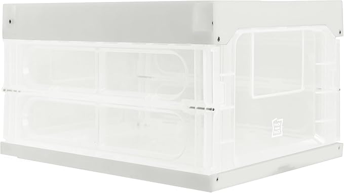 Collapsible Storage Container Stackable Plastic Box with Lid Transparent. (White)