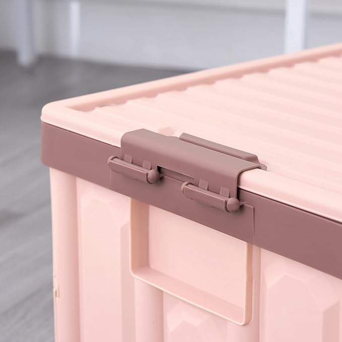 Pink Collapsible Storage Bins with Lids 2-Pack Folding Plastic Stackable Utility Crates 30L Durable Containers for Home &amp Garage Organization