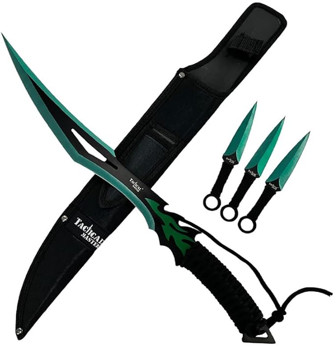 Tactical Flame Skull Machete with 3 Throwing Knives Set