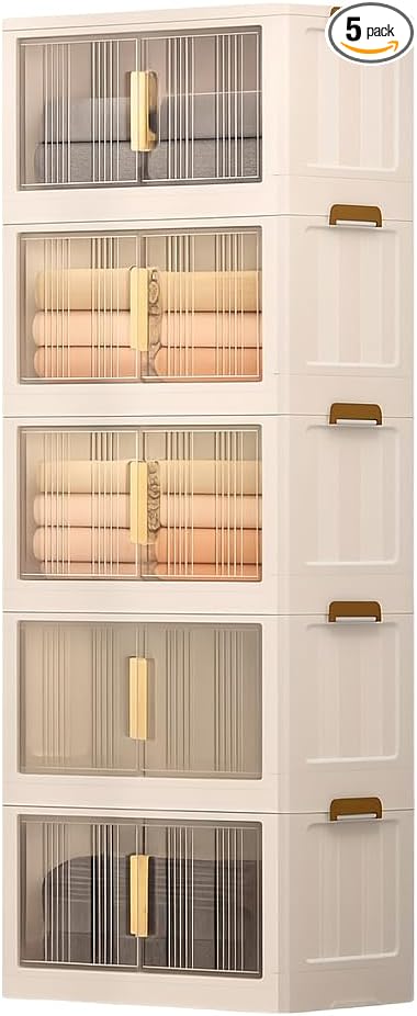 Storage Bins with Lids 5 Tier 300 QT Stackable Plastic Storage Bins Foldable Storages Boxes with Magnetic Doors and Wheels for Clothes Snacks Books Folding Containers for Home Office
