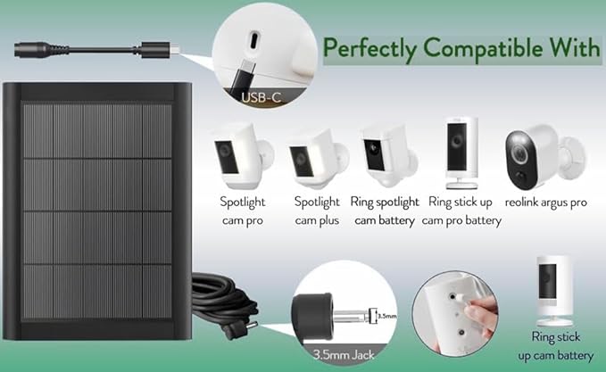 2 Pack Ring Solar Panel(2nd Generation) 5W Solar Panel Charger with Mount for Stick Up Camera &amp Pro Spotlight Plus &amp ProBlack12FT/4M Long Cable with USB-C to Ring Barrel Plug Adapter 。