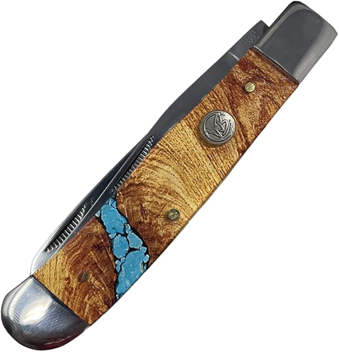 WHISKEY BENT HAT CO. Traditional Trapper Folding Pocket Knife 4.125 Closed Length 440C Stainless Steel Blades (Turquoise River)