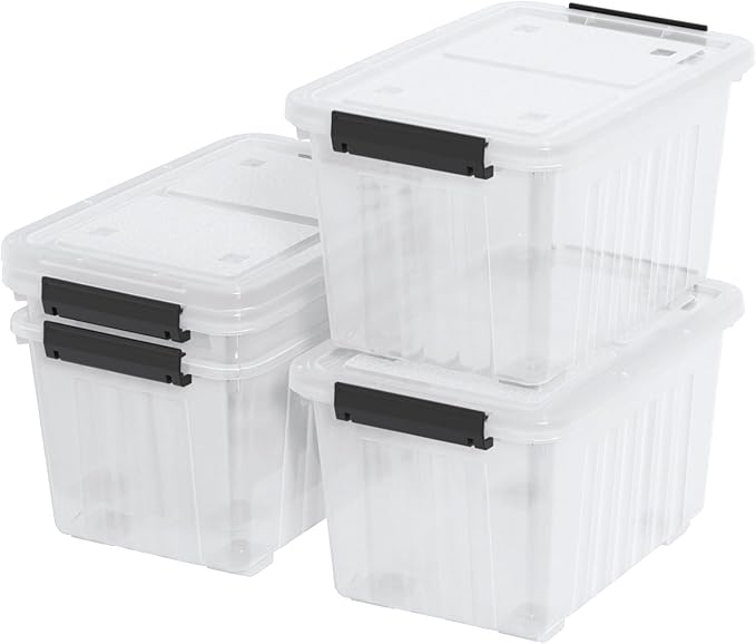 50 L Plastic Lidded Storage Bin 4 Pack Clear Latching Storage Box with Wheels