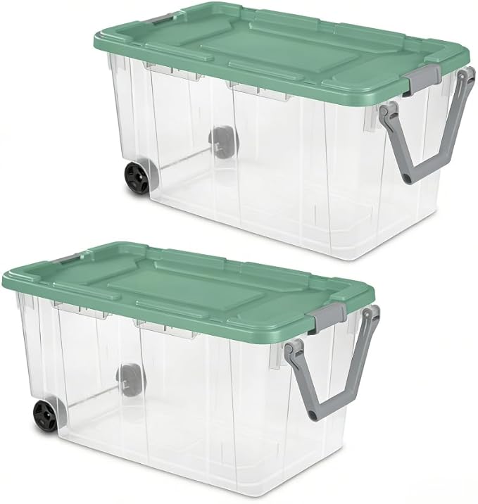 160 Quart Durable Clear Storage Container with Latch Lid and Pull Handle Light Green 2 Pack