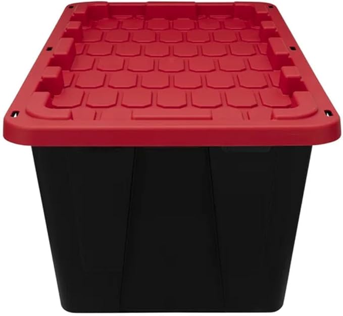 27 Gallon Large Storage Bin with Snap Lid Black and Red Heavy Duty Plastic Stackable 30.6x20.6x14.3 Inches Set of 4 (27 Gallon 6)