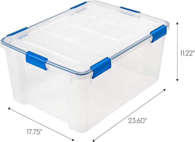 IRIS USA WeatherPro 60 Qt Storage Bins with Lids 3 Pack BPA-Free Plastic Gasket Box with Tight Latch and Seal Stackable Nestable Tote Tub - Clear/Blue
