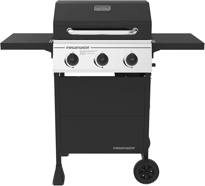 Megamaster 3-Burner Propane Gas Grill with Folding Side Tables 30000BTUs 429.81 sq. in. Cooking Space Stainless Steel Control Panel Outdoor Kitchen Grill for BBQs Patios and More - 720-0988EA