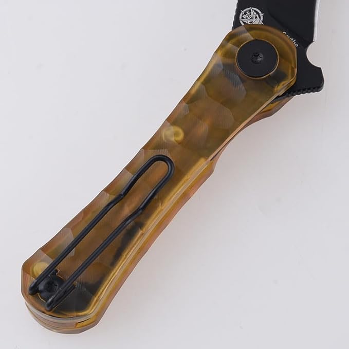 SHIELDON Scythe 2.55 Titanium Coating 154CM Steel Hawkbill Point Blade with Amber PEI Handle and Reversible Wire Clip