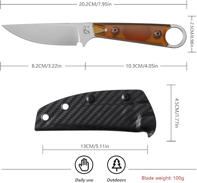 Fixed Blade Knife with Sheath3.22inch N690 Steel Blade KnivesEDC Knife Ergonomic PEI Handle with Full Tang Design Knives for OutdoorGift for Men&ampWomen(Yellowish-brown)