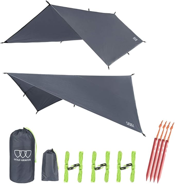 Gold Armour Rainfly Tarp Hammock Premium 14.7ft/12ft/10ft/8ft Rain Fly Cover Waterproof Ultralight Camping Shelter Canopy Survival Equipment Gear Camping Tent Accessories (Gray 12ft x 10ft)
