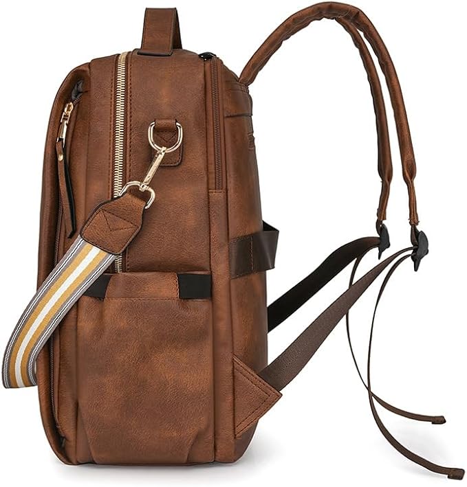 Women’s PU Leather Laptop Backpack Business Travel Shoulder Bag with Laptop Compartment – Multi-Functional Work Bag (Two-Tone Brown)