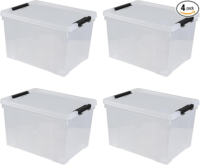 50 L Large Plastic Storage Bins with Latching Lids and Wheels 4-Pack Clear Stackable Boxes for Closet Garage