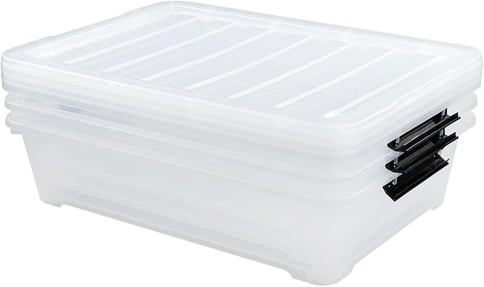 40 Quart Plastic Underbed Storage Box Large Clear Shallow Box with Wheels Set of 3