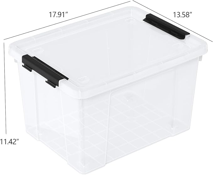 35 Quart Latching Storage Box with Wheels See-Through Base Plastic Container Bins with Secure Latching Lid Black Latch (4-Pack)