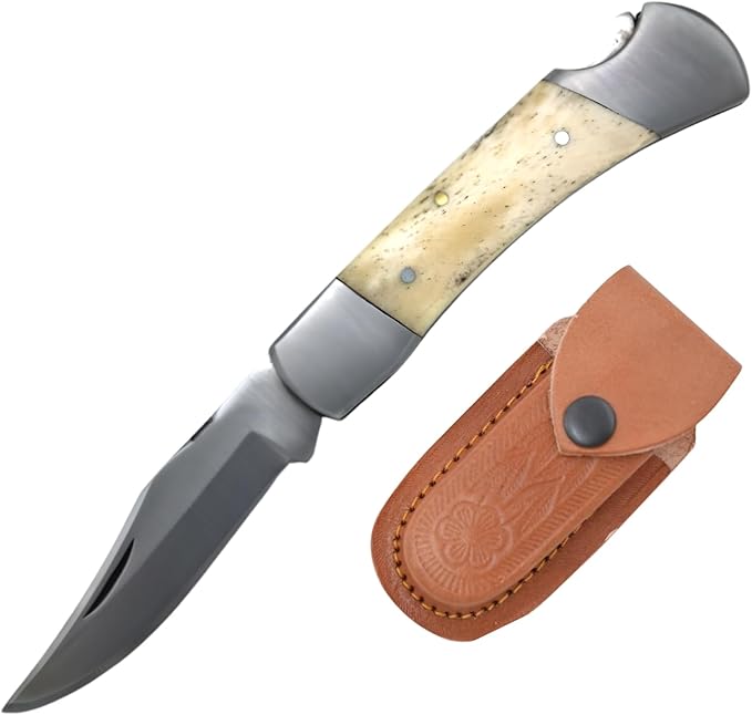 7 Handmade Folding Pocket Knife – 3 440 Stainless Steel Clip Point Blade – Silver Bolster – Genuine Leather Sheath Included (White Bone)