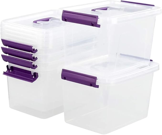 Farmoon 6 Quart Clear Storage Bin Small Plastic Stackable Box/Cotainer with Lid and Purple Handle 6 Packs