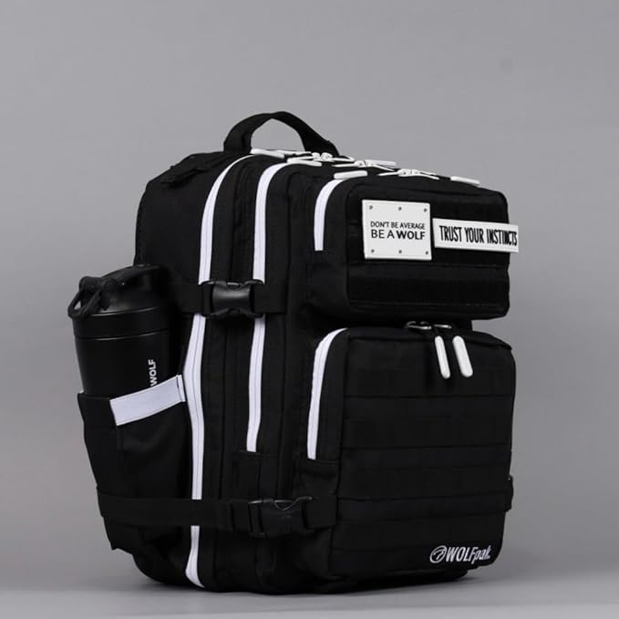 WOLFpak 25L Athletic Gym Backpack (Alpha Black w/White Accents) Durable 1000D Waterproof Oxford Material with MOLLE Webbing Laptop Pocket &amp Dual Cup Holders